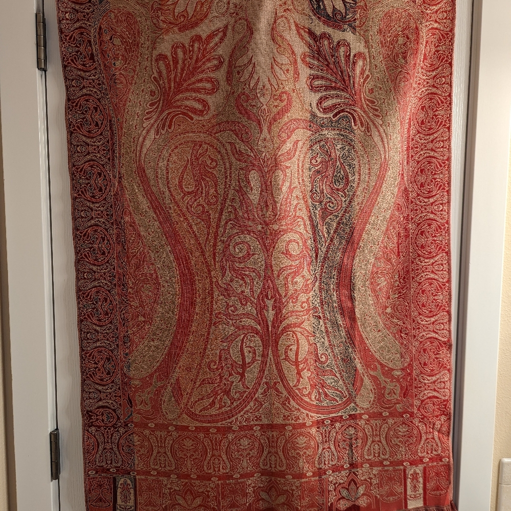 "Pashmina" Wrap - Red, Gold & Black Pattern w/border. Fringe edges. One size - Picture 9 of 11